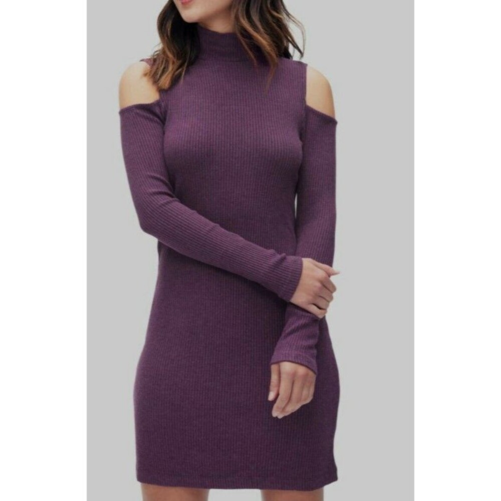 Splendid Womens Purple Ribbed Cold Shoulder Mock Neck Sweater Dress Size L 10106